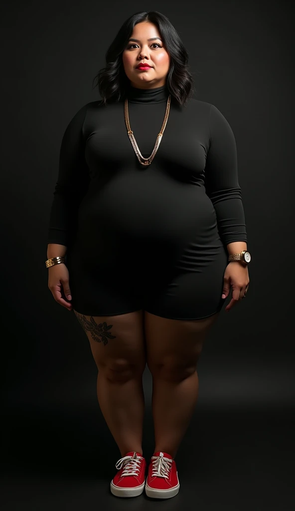 bubic hair nude@bbw ((best quality)), ((masterpiece)), (detailed), perfect face, Beautiful, mother-in-law, asian-Indonesian , voluptuous, wearing random clothes (formal), In the black room, seductive expression, chubby body, nice body, milf chubby, japan-Indonesian , korean -Indonesian. Full body, big arm, wide hips , wearing a sneakers, bob hairstyle, baby face , chubby cheeks, 3, chubby tall woman, tattooed thighs , yakuza tattoos , big thighs, big armpits , chubby massive cheeks , thick neck, cold atmosphere, low light, wavy short haired, small breasts, showing her armpits , thick woman , turtleneck, thick woman . Full body, wearing shorts pants, wearing , gold bracelet and watch ,   fat arms , 
 fat belly , wearing huge necklace , Wanita chubby dengan memakai gaun model turtleneck, pipi tebal chubby, leher tebal, payudara besar, lengan tebal chubby, ketiak basah, kulit putih halus lembut, rambut pendek sebahu, belahan dada lebar, perut gemuk,, paha chubby... Memakai sepatu kets warna merah, full body, random poses front camera, big breasts, Indonesian woman 