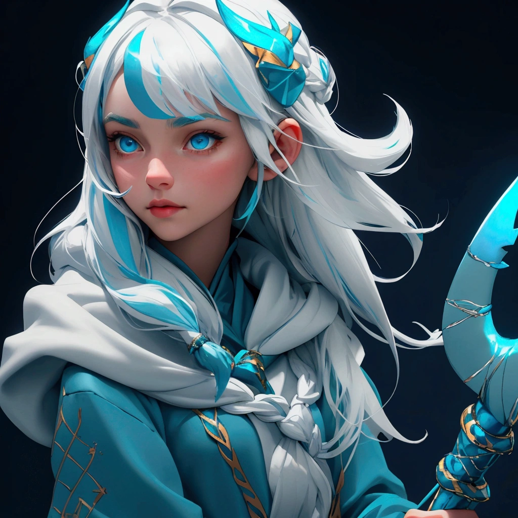 envision a 8k, highres, cinematic, close up portrait of an Atlantean girl named Gawr Gura with shoulder length white hair with blue highlights in a blue shark hoodie holding Poseidon's trident against a dark gray background