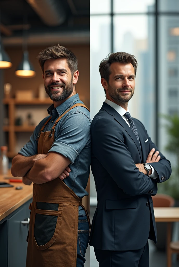  Entrepreneur with apron vs businessman horizontally
