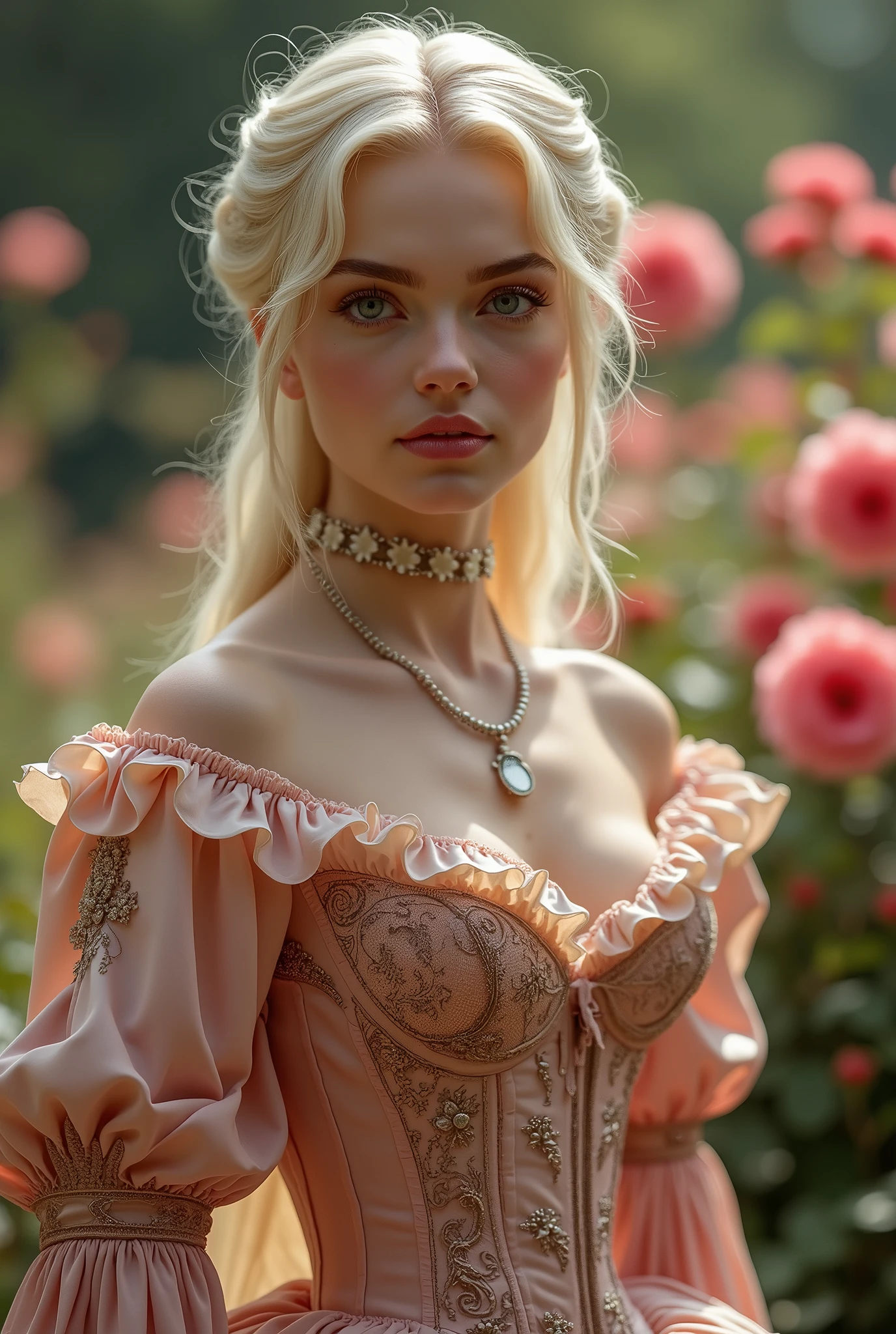 realistic, portrait, fantastic work of art, the action of which takes place in the summer in the Russian Empire in the rose garden and should consist of many delicate shades, warm light tones. Create a proud and gentle Daenerys Targaryen dressed in a stunning French silk ball gown. Expressive breasts. Elegant girlish face. The 19th century ball gown is decorated with ruffles, belts and bows, as well as an elegant but intricate bodice with hand embroidery. The corset is decorated with a silk ribbon. Portrait. 8K, realistic