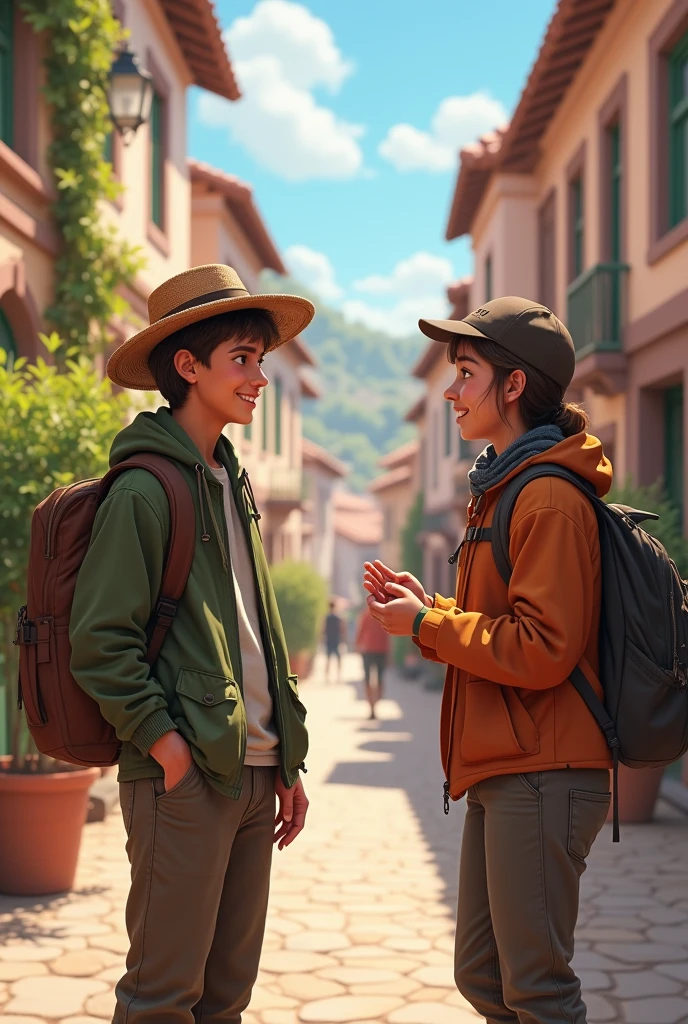 
An image of a traveler chatting with a local on a picturesque street. The traveler is using phrases in the local language, and the local is smiling and responding kindly. The scene conveys a sense of connection and cordiality., with a typical architecture in the background.