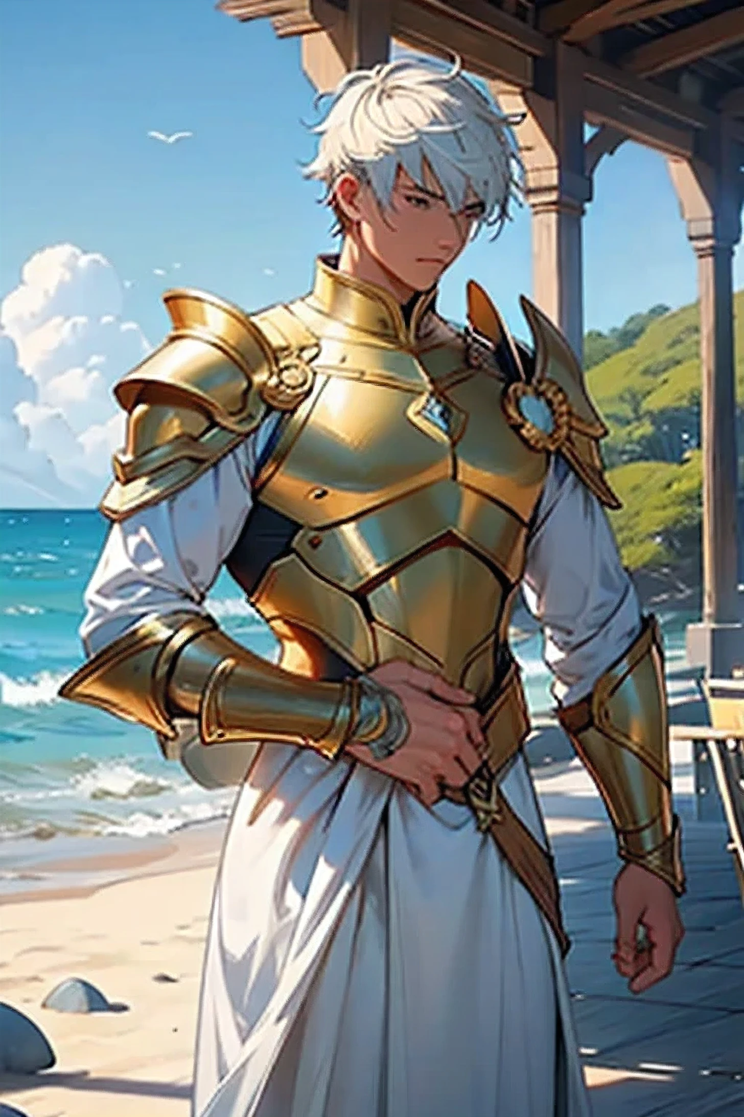 Cancer Warrior - Illustrate a male character with a gentle, protective aura, wearing golden armor and holding a shell-shaped shield. The environment should be a calm and domestic setting., like a house by the sea or a quiet beach, with a symbolic crab in the background.