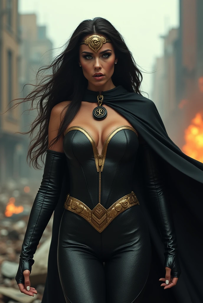 (((A beautiful woman under the cloak of Big Barda has long hair (((with a diaema in golden circles joined together on his forehead)))light colored eyes her superheroine costume is samurai themed. His suit usually has a (((Black leather jumpsuit with scales))) and (((a black Wonder Woman metallic armor-like corset))) color negro sobre su traje enterizo cinturón ancho and grueso color dorado botas and guantes color negro (((de rodillas gritando en una ciudad Apocalandptica con mucha destrucción))),(((with a necklace with a black round pendant that has an S as an emblem on its neck))),(((yelling)))