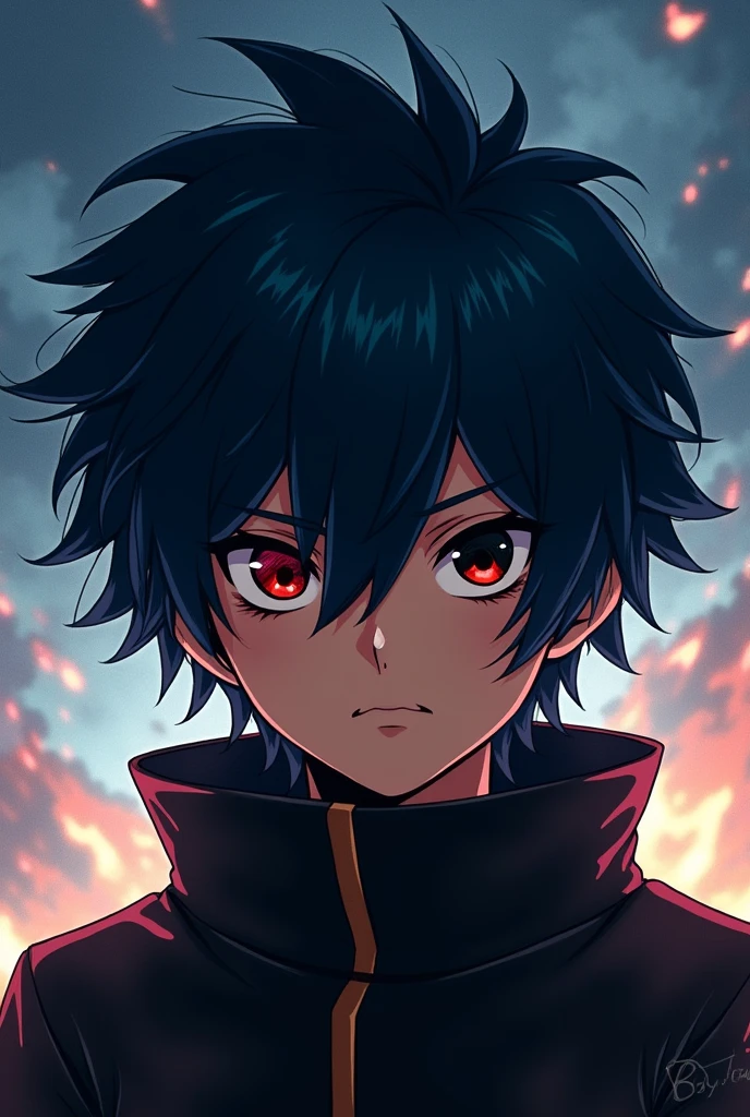 Create a boy with a haircut that covers his eyes , that your hair color is dark blue ,that he has a serious expression and that his eye colors are one red and one black, that your skin is brown ,Boku no hero style