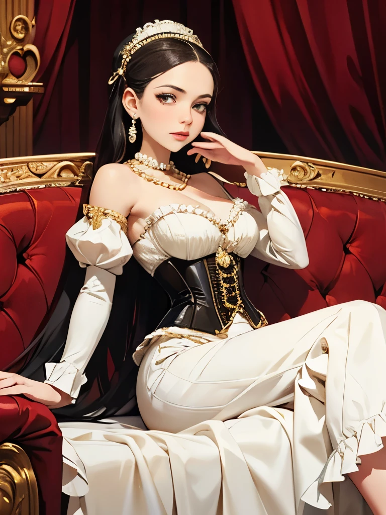 araffed woman in a white corset posing for a picture, pearls and gold chains, in victorian aristocrat, # rococo, opulent pearl necklace, elegant corset, victorian inspired clothing, ivory rococo, pearls and chains, rococo queen, rococo dress, gold and pearls, dress in the style of rococo, exquisite aristocratic