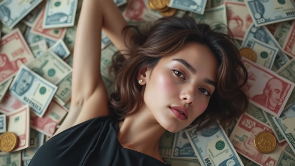Brazilian girl, brown shoulder-length hair, almond-shaped eyes, in tailored clothes, lying on top of a lot of money
