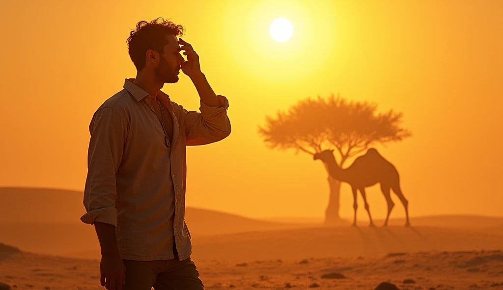 • As the sun bore down, making Jamie's shirt stick to their back, a cool voice floated through the air.
Prompt: The intense midday sun blazes overhead, with Jamie standing and wiping sweat from their brow. In the distance, an acacia tree offers a small patch of shade, and a shadowy figure of a camel starts to appear, as if speaking.