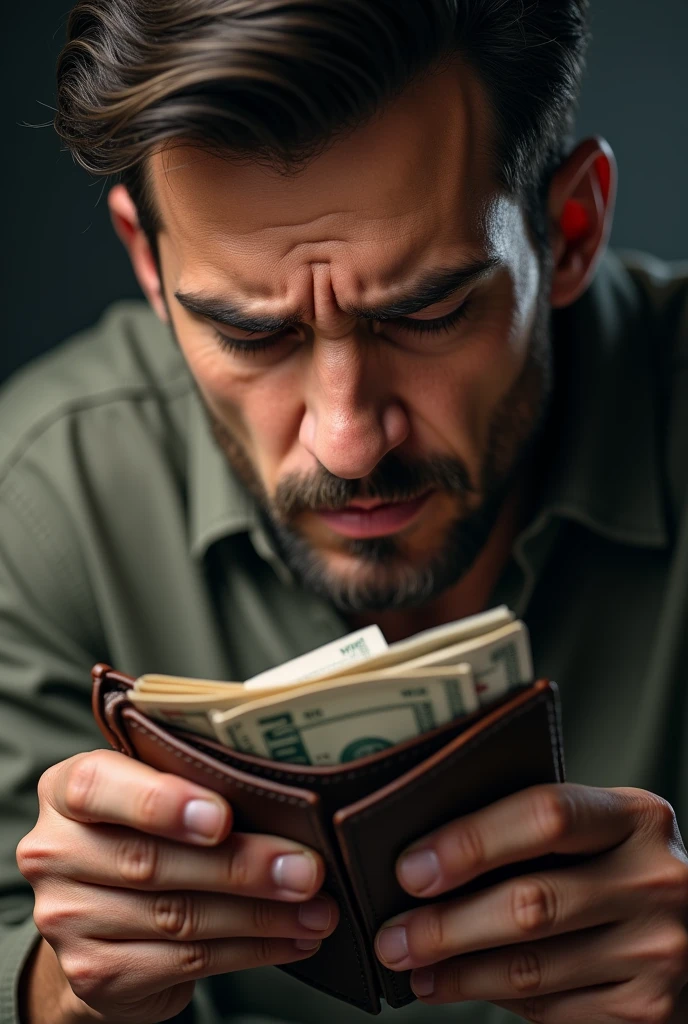  Andrés opens his wallet and sees the money along with his personal documents.. Temptation and worry are reflected on his face..
Andrés just like the same person in the previous photo 

