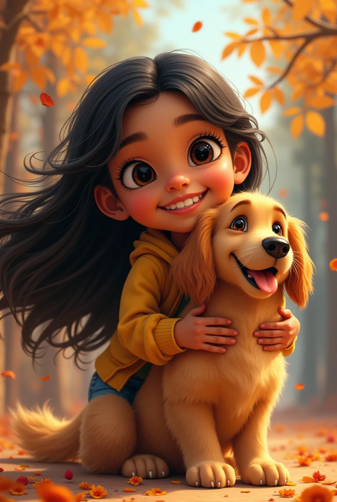Medium skin tone girl with black hair , dark eyes , beautiful smile.with a golden retriever dog. Represents this type of Pixar, with the characters of the princess and the frog