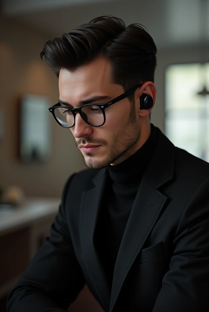 A person with earbuds in, pretending to listen during a boring conversation. Male, specs, handsome, black outfit,