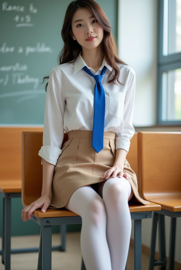 Beautiful female college student wearing white shirt, light brown skirt, Blue tie and white stockings sitting on classroom bench. she looked at me,Hands on the skirt,pull it up. high quality images,open toe high heels
