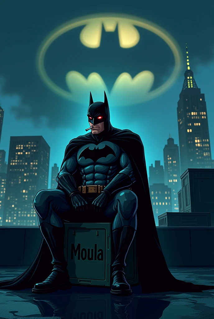 gotham city la nuit ou il y'a le batman qui fume une cigarette blanche avec les yeux rouges sur un toit d'un bâtiment assis sur une boite ou il y'a ecrit dessus Moula et dans le ciel une grande projection batman avec ecrit sur la projection Gotham Coffee35 en cartoon