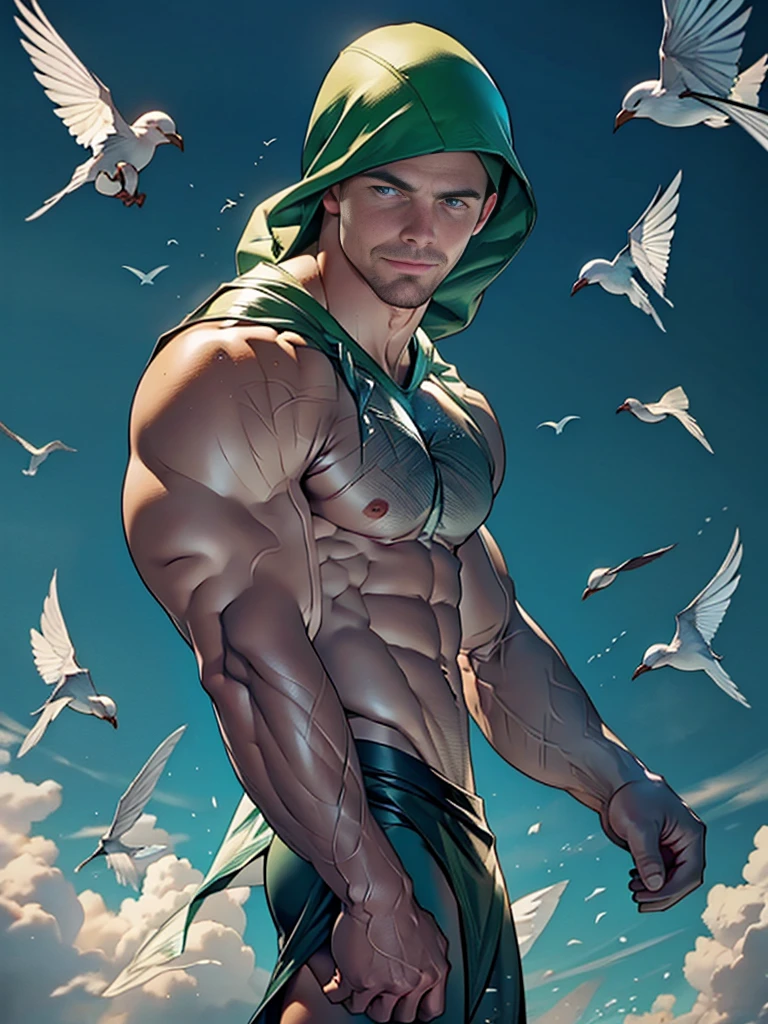 dark blue background,white mist,A handsome tall man (((Stephen AMELL))) floating in the night,He is 2,Thin waist,The pectoral muscles are well developed, He is 175cm tall,Weight 72 kg、blue-green eyes、brown hair color、short hair、Toplesuscle,The body is slightly covered with transparent dark green gauze,You can see the body underneath, Countless birds flying in the sky,underwear,Black feather,looking TO THE VIEWER,smiling ,