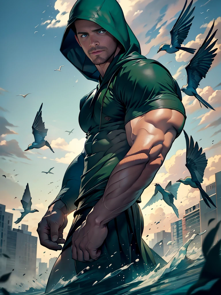 dark blue  background，white mist，A handsome tall man (((Stephen AMELL))) floating in the night,He is 2，Thin waist，The pectoral muscles are well developed, He is 175cm tall，Weight 72 kg、blue-green eyes、brown hair color、short hair、Toplesuscle，The body is slightly covered with transparent dark green  gauze，You can see the body underneath， Countless birds flying in the sky，underwear，Black feather，looking TO THE VIEWER，smiling ，