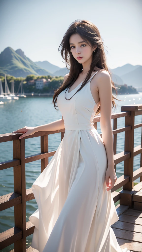 A beautiful young woman with exaggerated, flowing dark hair stands on a waterfront promenade. She wears an elegant white dress with a flowing skirt, which billows dramatically in the gentle breeze. The background features a picturesque harbor with sailboats, a quaint town, and majestic mountains in the distance. The lighting is warm and golden, evoking a sense of summer serenity and the magic of a storybook world.