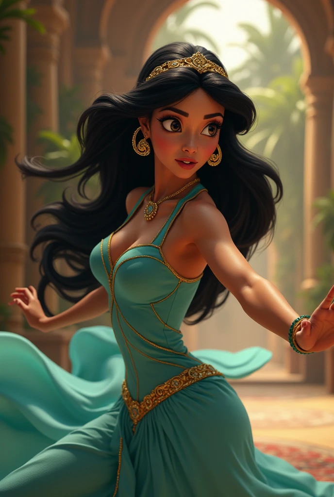 Stunning Princess Jasmine, photo in 8k, in action, cinematic.