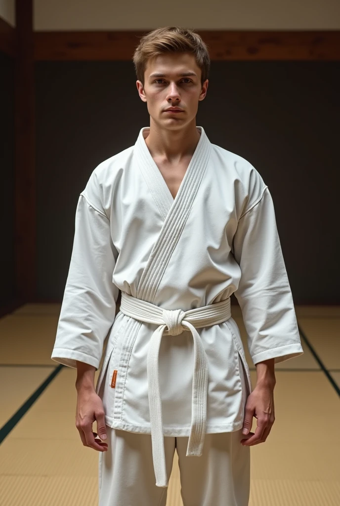 Front view , Full- body, (1 Scottish boy, 20 age -old , brown hair, short cut, serious),((Karate White clothes, Karate White underwear, White obi:1.3)), At the Karate Dojo, Standing on tatami mat, Textured skin ((Surrealism, Fujicolor, Fujifilm, UHD, retina, masterpiece, accurate, anatomically correct, textured skin, super detail, high details, high quality, best quality, 8k)) , ((super detail, high details, high quality, accurate, anatomically correct, textured skin, beautiful fingers super detail, high details, high quality, best quality))