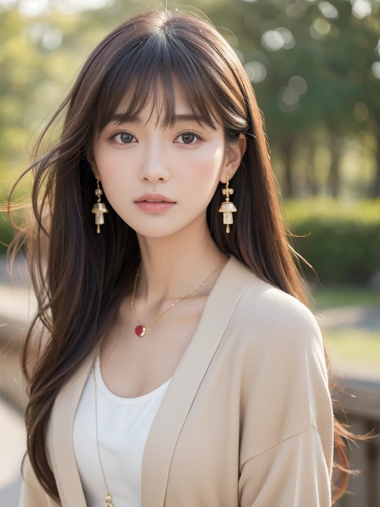 ((Highest quality, 8k, masterpiece:1.3)), concentrate: 1.2, Perfect body beauty: 1.4, Hips: 1.2, ((Long Hair, chest: 1.2)), (Dry clothes: 1.1) , (clear, Simple Background:1.3), Simple clothes: 1.1, Highly detailed face and skin texture,Delicate eyes, double eyelid, Whitened skin, Rough skin、Long Hair、bangs、Simple earrings、necklace、 solo、Beige coat、White shirt, (((Cute and beautiful Japan)))、 ((Beautiful 20-year-old Japanese))、 ((Baby Face))、 (((Slender body)))、 Upper Body,Face focus、necklace,Simple Background,From above, Realistic Hair、 A photograph was taken:Canon EOS R6、135mm、1/1250 seconds、f2.8、ISO400、(Detailed explanation of the hand)、(Masseter muscle area)、(Exquisite CG)、Long Hair, loose and curly hair、Korean Hair、Long Hair明るいベージュ色、グラデーションハイライトグレージュのゆるふわLong Hairスタイル、