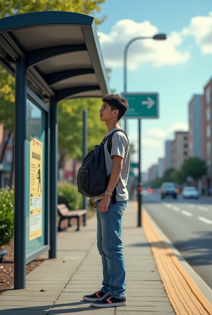 20 year old student at a bus stop for university