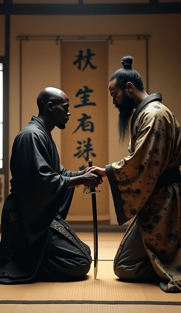 Close-up shot, Low angle shot, (Yasuke “A towering African man over six feet tall, with a muscular build and dark, glistening skin, with a bald hair”, now kneeling before Oda Nobunaga, receives his samurai sword in a solemn ceremony. He is dressed in a traditional samurai robe, deep black with subtle gold embroidery, his muscular frame tense with focus. Nobunaga, wearing a ceremonial kimono with intricate patterns, hands Yasuke the katana with a solemn expression. The background is a beautifully decorated room with tatami mats, sliding paper doors, and a large scroll with calligraphy hanging on the wall. The atmosphere is charged with tension and reverence as Yasuke accepts the sword, his face showing a mix of pride and determination.) unreal engine, cinematic, hyper-real, highly detailed, Ultra realistic HD --q 2 --v 6.1 --ar 9:16