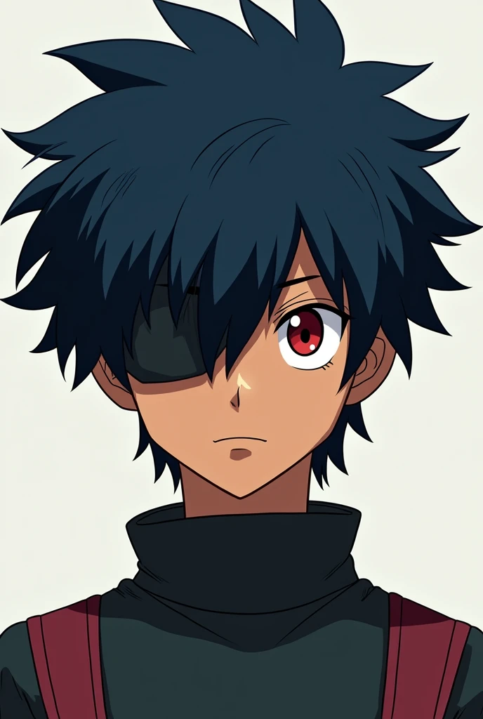 Create a boy with a haircut that covers both eyes , that your hair color is dark blue ,that he has a serious expression and that his eye colors are one red and one black, that your skin is brown ,Boku no hero style

