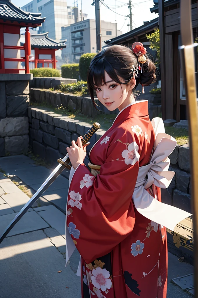 A beautiful woman in a kimono holding a Japanese sword smiles fearlessly