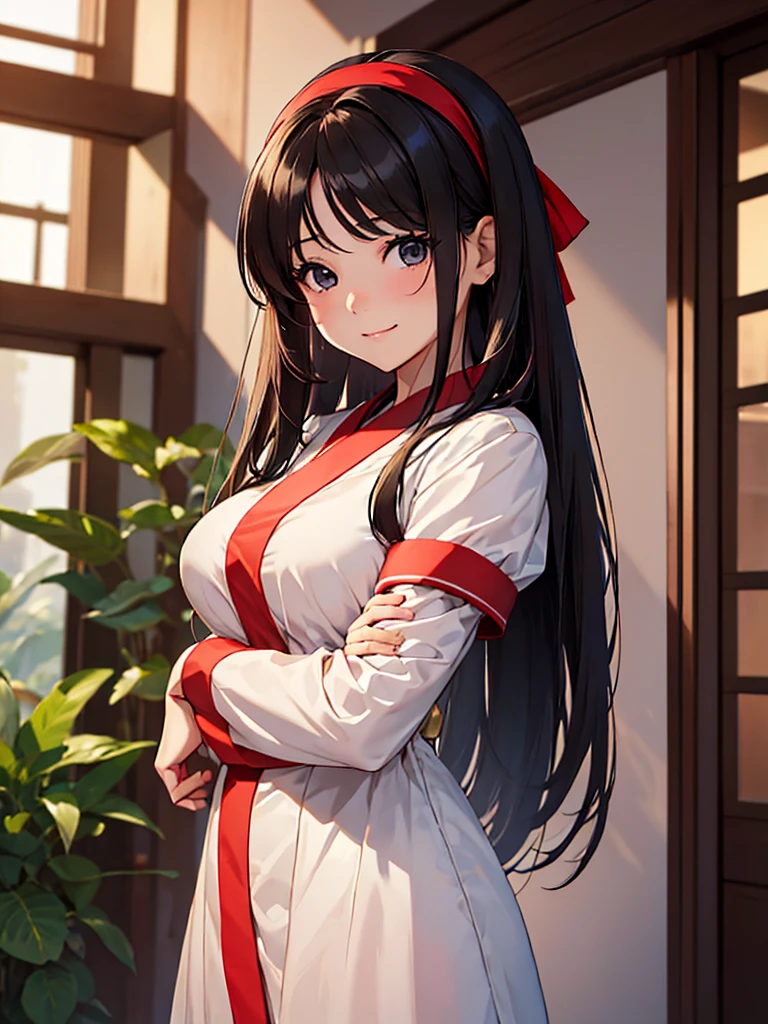 (masterpiece、top-quality、hight resolution、Unity 8k、extremely details CG:1,Best Picture), ((nakorurums. red ribbon, hair band)), A young woman with a delicate and pure appearance, characterized by a modest hairstyle and minimal makeup. She exudes an aura of innocence, with a soft, almost shy smile. Despite her involvement in films, her demeanor and presentation maintain a 'pure' and 'innocent' charm, creating a striking contrast with her profession. She is dressed in a simple, yet elegant outfit that emphasizes her 'pure' image, perhaps a white dress or a light-colored blouse, nsfw