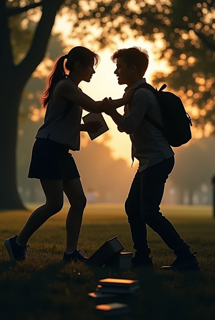 Black dark silhouette of an adult girl and boy hitting each other,The girl falling to the ground romance while her books fall to the ground but a stumble the girl falls to the ground no matter what she must be lying down at the same time the background is a park