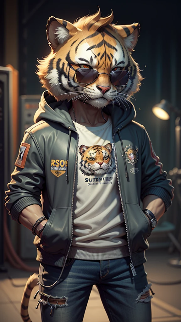 Cartoon tiger wearing jacket，Wearing sunglasses，holding guitars，Cool stage background，top-quality， single focal， complex （the detail： 1.1） unreal-engine，tmasterpiece， （Super detailed），