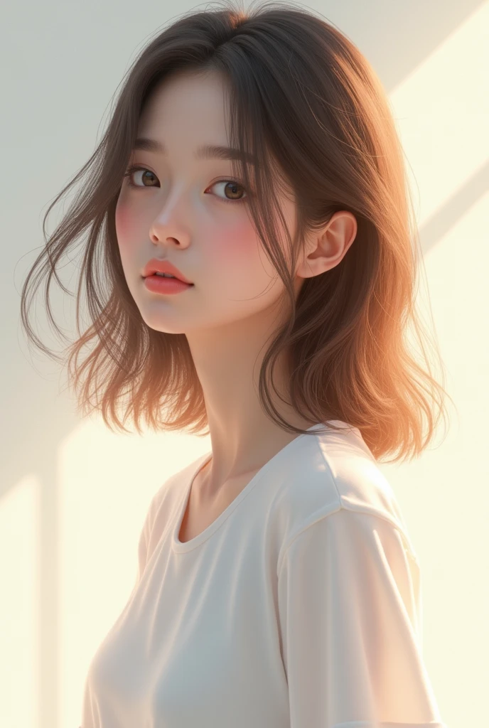 Light layered style、Transparent woman、young、White T-shirt、
Semi-long hair、Brown Color Hair、
Cute woman、Light hair ends、Straight looking hair、gloss々hair