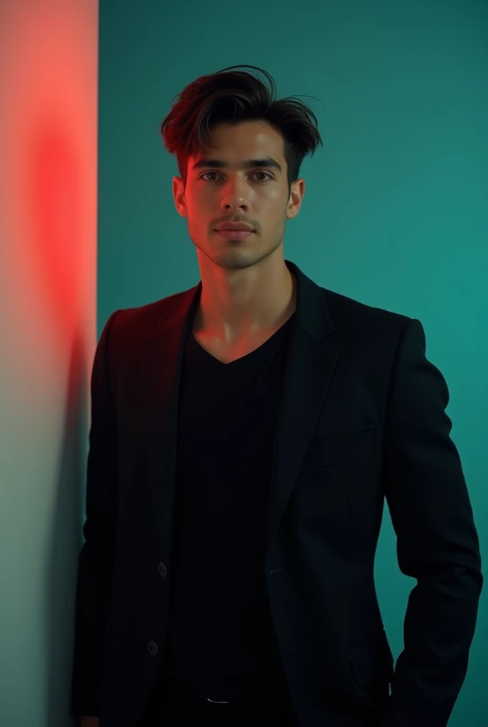 A young man with dark hair . He is dressed in a black blazer over a black
shirt. The man is positioned against aqua colour backdrop with a subtle red lighting on the left side, and he posing for Linkedin profile