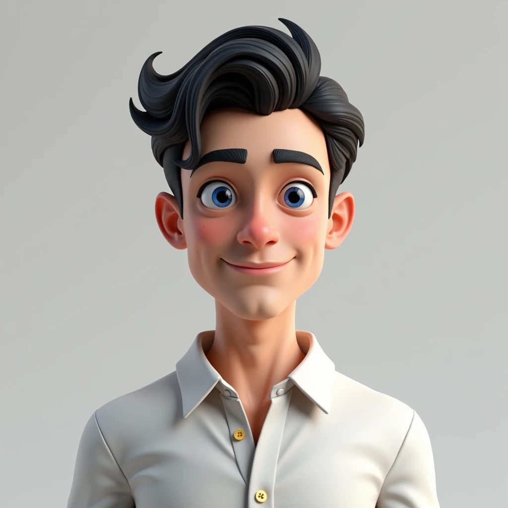 3D illustration of a Beautiful handsome college boy with slightly wavy black hair, blue eyes