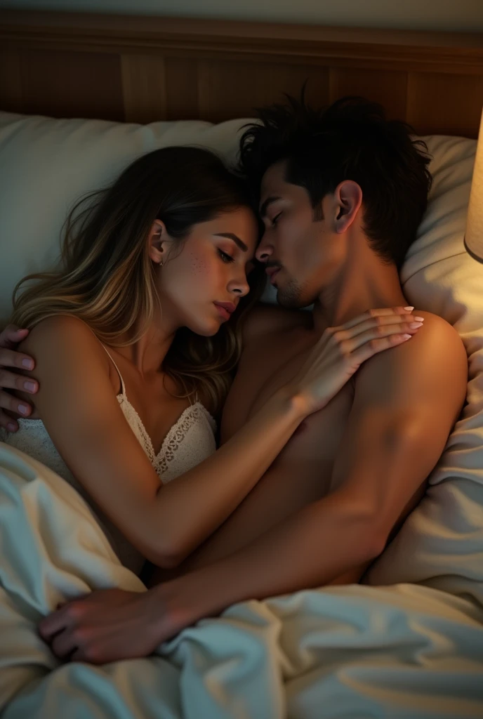 a white Latina woman with medium black with blonde ombré highlights hair with freckles and makeup with hazel eyes wearing no clothing laying in bed with latino man with no clothing