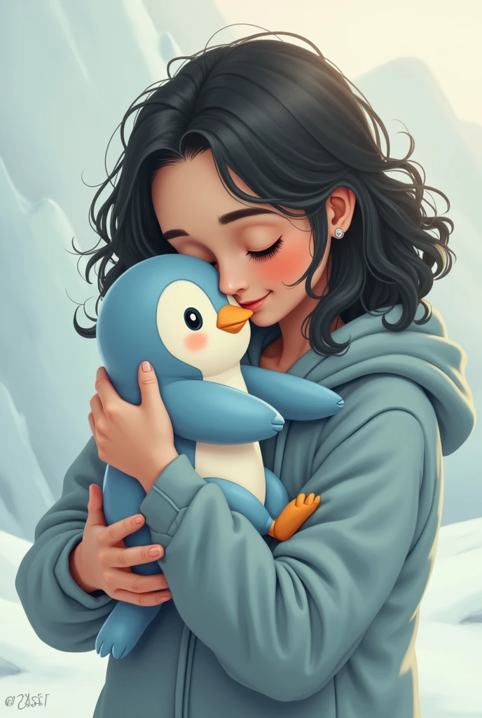 An illustration of a with wavy hair and dark skin carrying a very baby light blue penguin