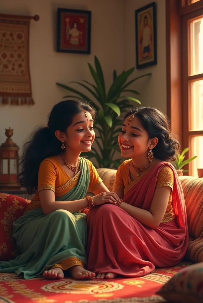Suman and Rati Bonding and Sharing Stories:**
*"In the living room of a traditional Indian home, Suman and Rati are sitting together on a colorful rug with cushions around them. They are laughing and talking, sharing stories. Suman looks at Rati with affection, while Rati feels comfortable and loved, the bond between them clearly growing stronger."*