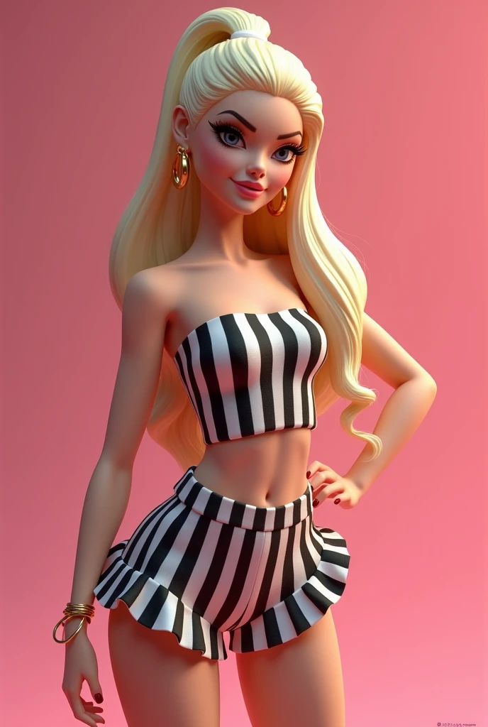 A stunning, eye-catching 3D render illustration of a modern fashion icon, reminiscent of a Barbie doll. The model, withher slender and lithe stature, showcases flawless, light skin. She dons an elegant black and white striped ensemble, consisting of a strapless top and high-waisted shorts with a flouncy hemline. Her long, wavy blonde locks are styled in a high ponytail, and she adorns herself with large, round gold earrings and a gold bracelet. The illustration's vibrant atmosphere is accentuated by the artist's signature touch, Meg B., creating a captivating work of art that embodies playful glamour., 3d render, photo, painting, illustration, conceptual art, poster