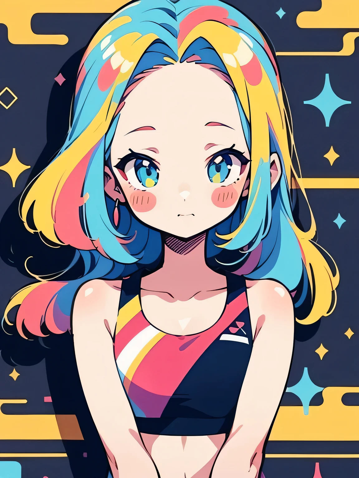 looking at viewer,(dancing),seiza,upperbody,hightquality、((Kawaii 2Girls))、Colorful color palette、high-level image quality、(big forehead),long thin ponytail,(sports bra),Unprecedented amount of drawing、anime styled、Geometric pattern background、front facing、sticker style