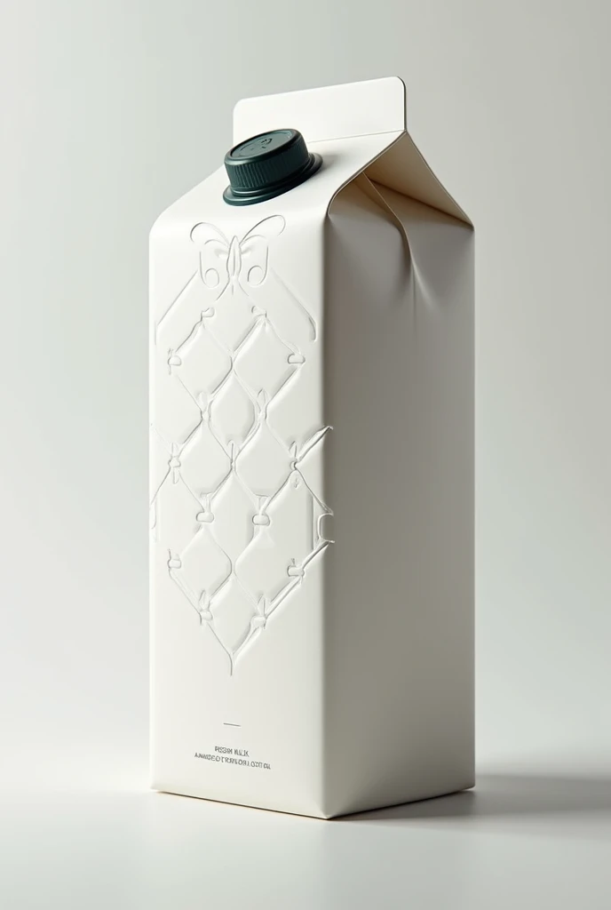 Design an ultra-premium milk packaging with a unique and memorable experience, integrating an elegant design and a distinctive cap color. The packaging should include the following features:Elegant Geometric Patterns: Add subtle, geometric patterns or textures to the packaging to elevate its visual interest. Use a delicate, embossed pattern that is sophisticated yet understated, such as a fine lattice or interlocking circles, to enhance the tactile and visual experience without overwhelming the minimalist design.Soft-Touch Finish with Textured Elements: Continue with a soft-touch matte finish, but integrate the geometric patterns into this finish to provide both a visual and tactile distinction. This approach combines elegance with a modern twist, making the packaging feel unique and luxurious.Distinctive Cap Color: For the cap, use a deep, rich color like matte navy blue, forest green, or even a subtle metallic hue such as rose gold. This color should contrast with the white packaging to add a sophisticated touch while remaining eye-catching.Elegant Brand Accents: Keep the brand name embossed or debossed in a minimalist font, but consider using a small metallic accent or gradient effect on the brand’s logo or key details. This adds a hint of sophistication without distracting from the overall design.Premium Opening Experience: Incorporate a magnetic or precision-engineered twist cap with a satisfying feel. The cap could have a unique color or finish, such as brushed metal or matte, which complements the carton’s design while providing a luxurious opening experience.Interactive Element: Add a small, elegant booklet or insert inside the packaging that provides information about the milk’s origin, quality, and the brand’s commitment to excellence. This booklet could have a soft-touch cover or metallic accents to match the overall premium feel.Limited Edition Variants: Offer limited edition packaging designs with exclusive patterns or cap colors, such as a special gold