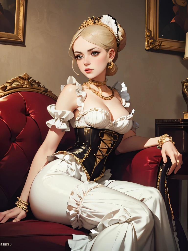 araffed woman in a white corset posing for a picture, an album cover inspired by Gabriel Ba, tumblr, rococo, pearls and gold chains, in victorian aristocrat, # rococo, opulent pearl necklace, elegant corset, victorian inspired clothing, ivory rococo, pearls and chains, rococo queen, rococo dress, gold and pearls