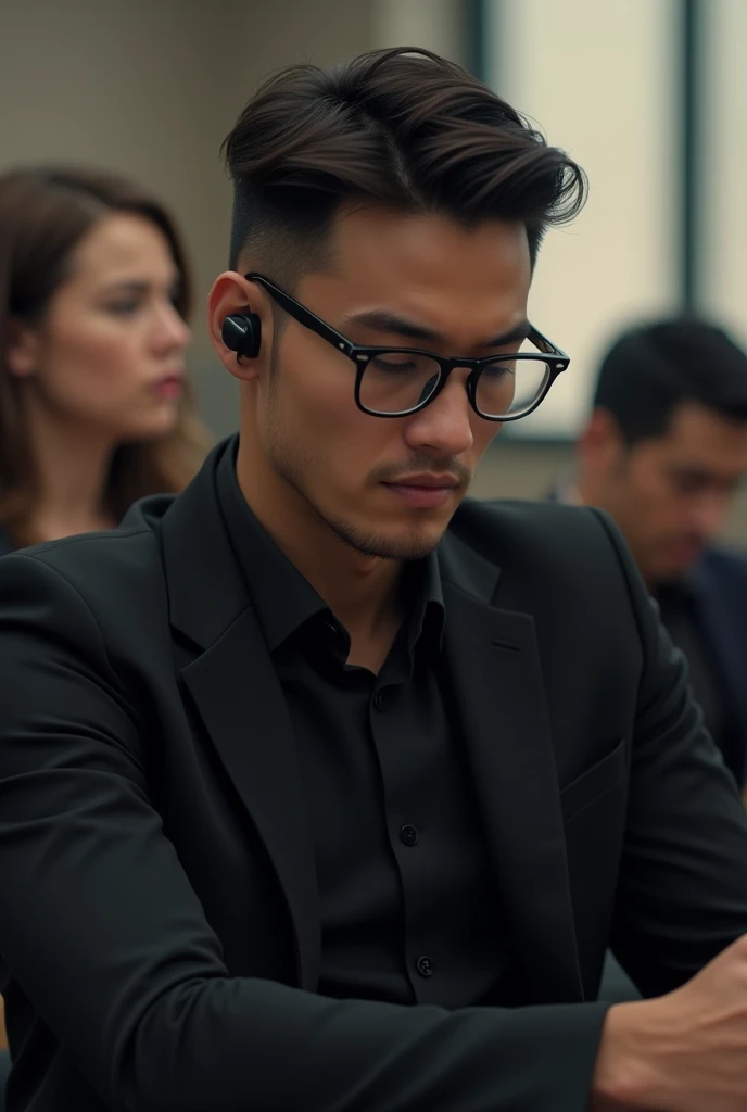 A person with earbuds in, pretending to listen during a boring conversation. Male, specs, handsome, black outfit, bored in a conversation or class 
