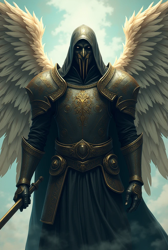 create a man, with angel wings, Plague Doctors Mask and Templar Armor, in anime style