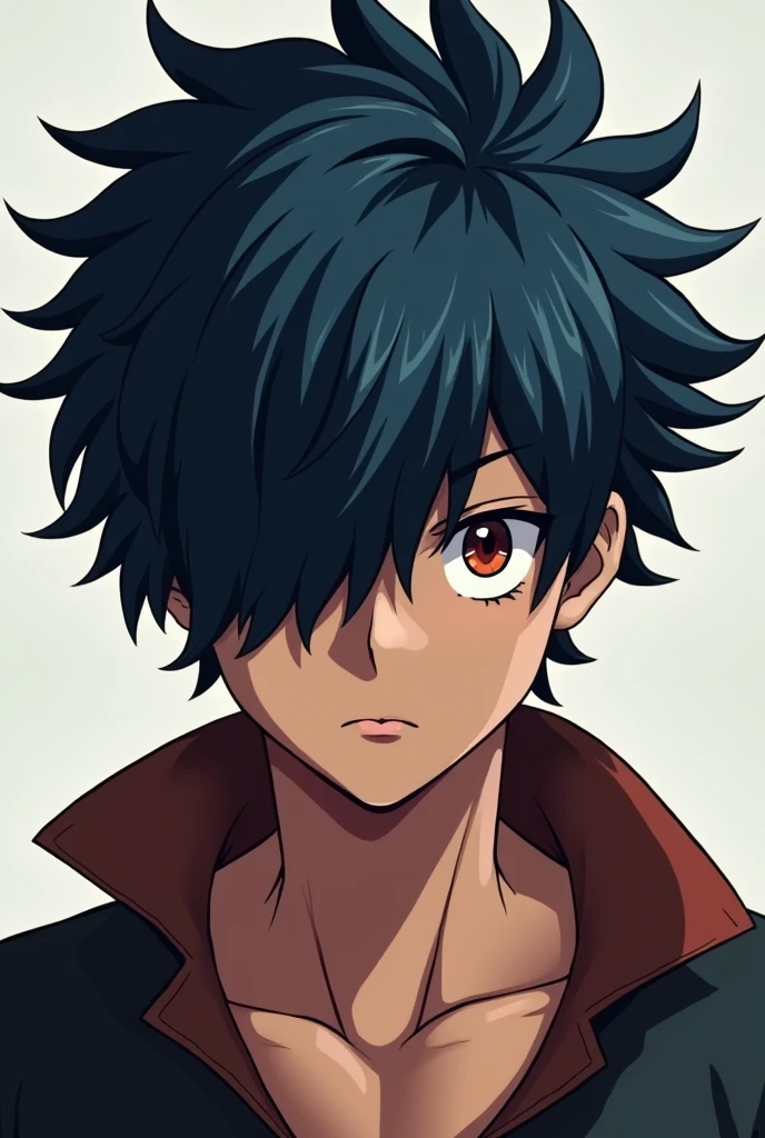 Create a boy with a haircut that covers both eyes , that your hair color is dark blue ,that he has a serious expression and that his eye colors are one red and one black, that your skin is brown ,Boku no hero style