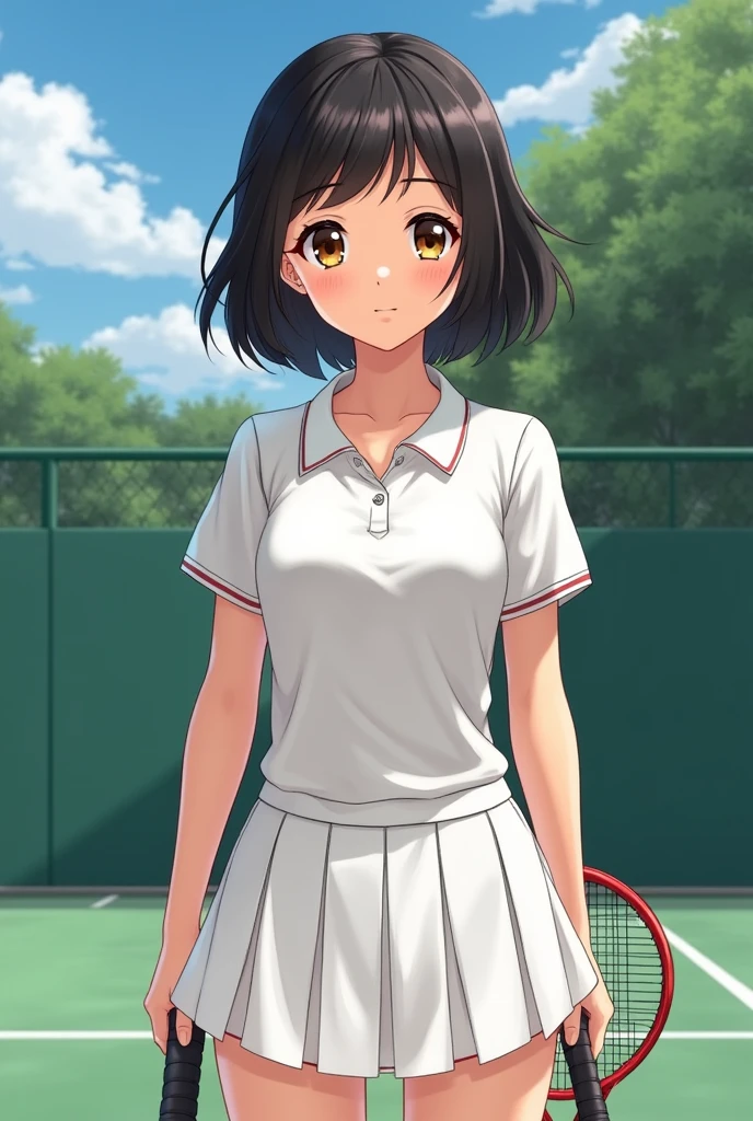 age girl, Stretch out straight, medium black hair. big, almond, deep-set brown eyes. round face, thick eyebrows, Short eyelashes, big and flat nose, thin mouth, neutral skin tone,Tennis outfit, Tennis rackets