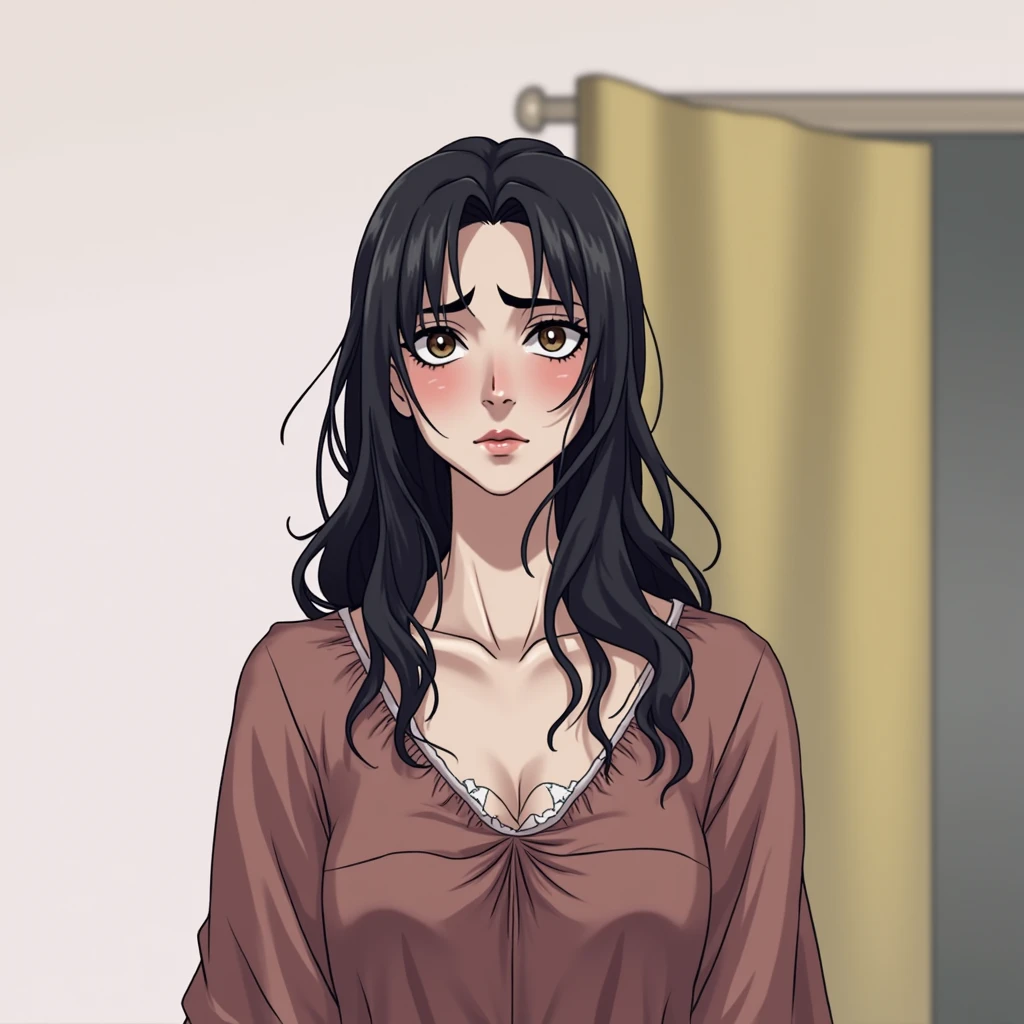 a young woman, looking forward, sweaty skin, slightly reddish cheeks and looks tired. black hair wet with sweat, some loose strands sticking to her face. dark brown eyes slightly stuck to her forehead, thick dark eyebrows, straight nose in proportion to her face. , thin lips tightly closed, wearing a red nightgown with a low slit, so that your chest is slightly visible
