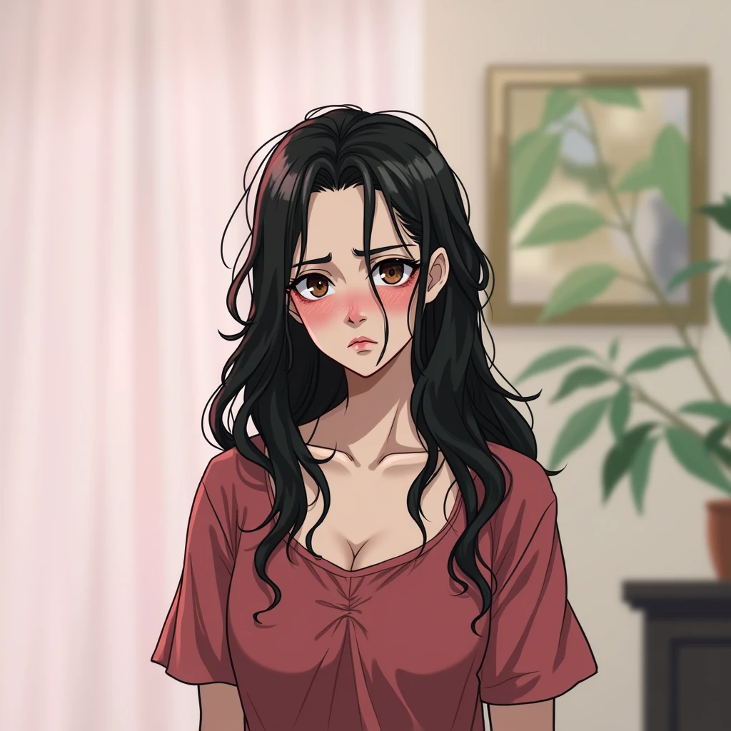 a young woman, looking forward, sweaty skin, slightly reddish cheeks and looks tired. black hair wet with sweat, some loose strands sticking to her face. dark brown eyes slightly stuck to her forehead, thick dark eyebrows, straight nose in proportion to her face. , thin lips tightly closed, wearing a red nightgown with a low slit, so that your chest is slightly visible