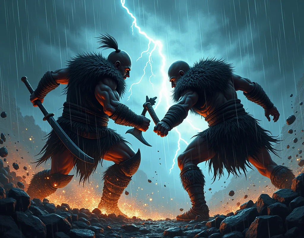 
*In the midst of a torrential downpour, the Viking warrior faces off against a formidable enemy, their figures locked in a deadly dance of steel. Thunder roars above as their weapons clash, sparks flying from each bone-rattling strike. The warrior’s eyes burn with intensity, his muscles rippling as he parries a brutal blow and counters with a powerful swing of his axe. His opponent, equally fierce, meets him with equal ferocity, their battle becoming a savage test of strength and skill. The storm rages around them, but in this moment, only the fight matters—two warriors, face to face, each determined to emerge victorious or fall with honor. Style comic noir*