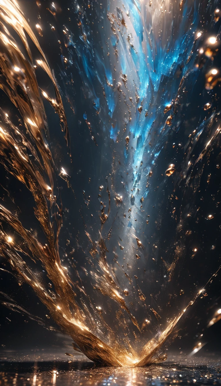 conceptual installation art, falling ice drops, shattering on the ground, background iridescent bright metallic blue, (ultra detailed, absolutely resolution, best quality:1.3), 2.5D, delicate and dynamic effects, gold dust glitter effects, artistic photography, hyper realistic, graphic CG digital art