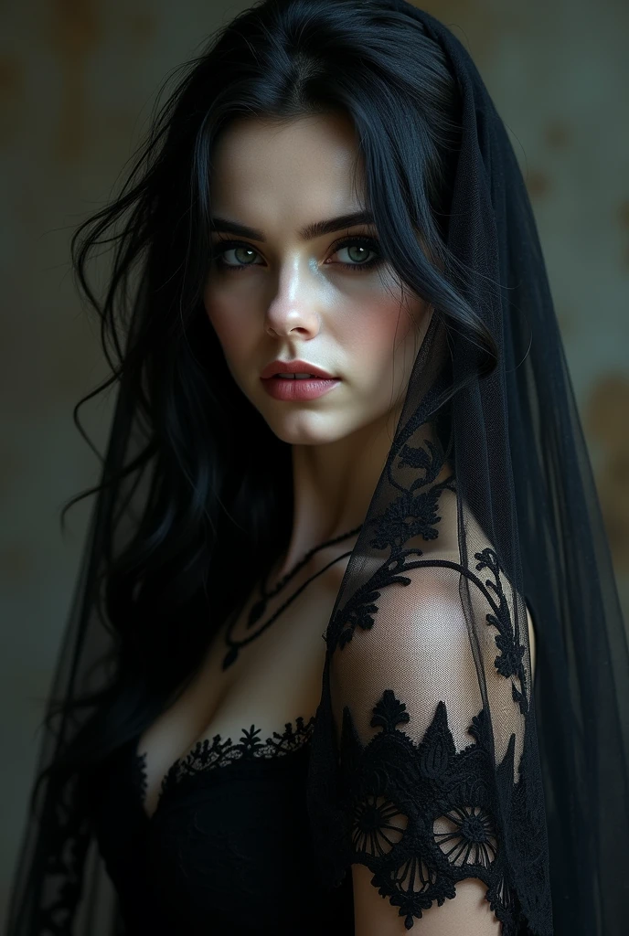 A gotic woman with piercing eyes, draped in elegant black lace, exuding an aura of mystery and allure.