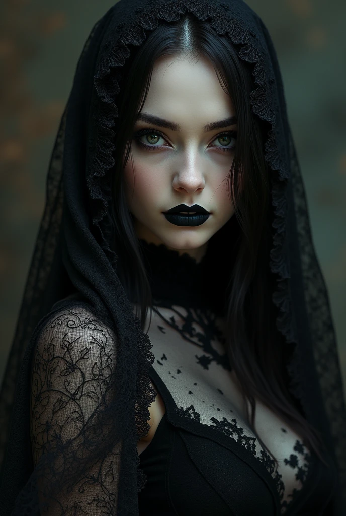 A gotic woman with piercing eyes, draped in elegant black lace, exuding an aura of mystery and allure.