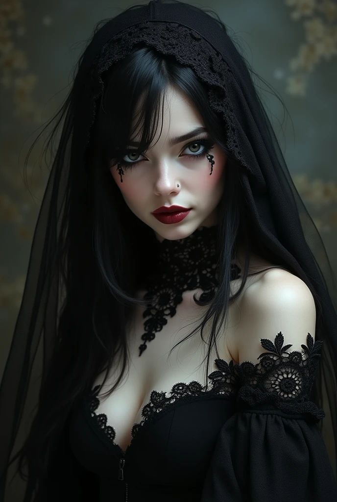 A gotic woman with piercing eyes, draped in elegant black lace, exuding an aura of mystery and allure.